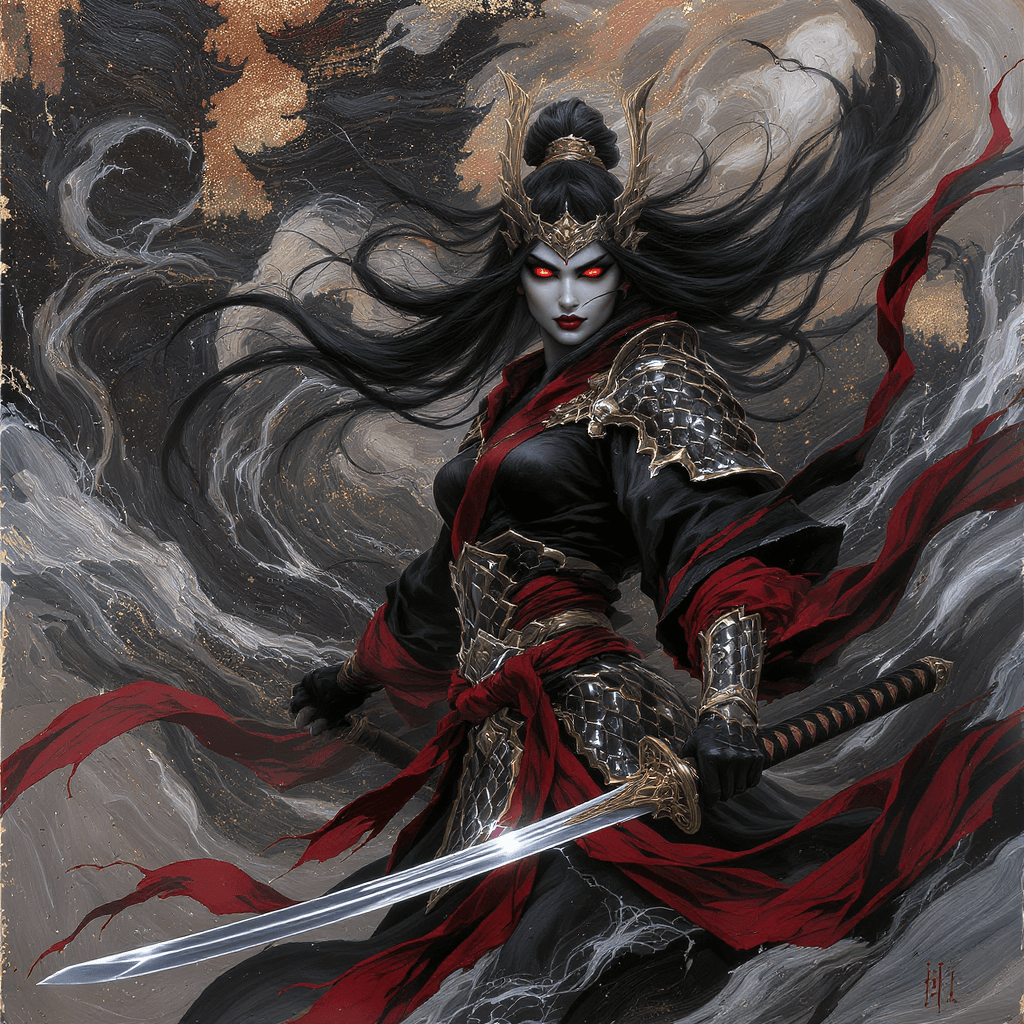 AI generated: A powerful female katana warrior in black and deep crimson robes with golden dragon-scale armor deta...