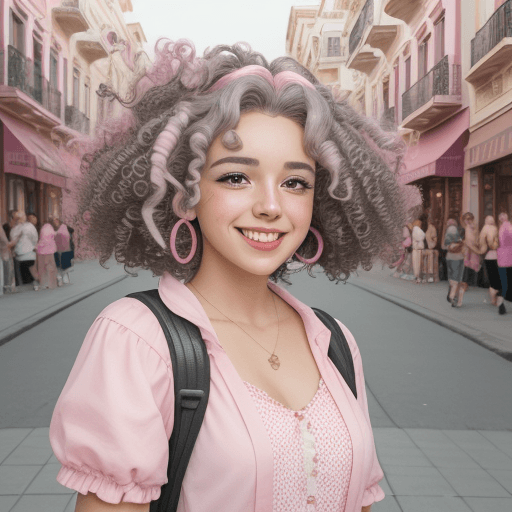 AI generated: woman smiling in pink and white with curly hair, when people are looking, in the style of y2k aesthe...
