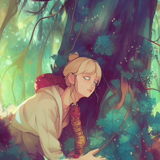 AI generated: ypung Adventurer blonde hari blue eyes | Young lady golden hair red eyes | hugging in a magical fore...