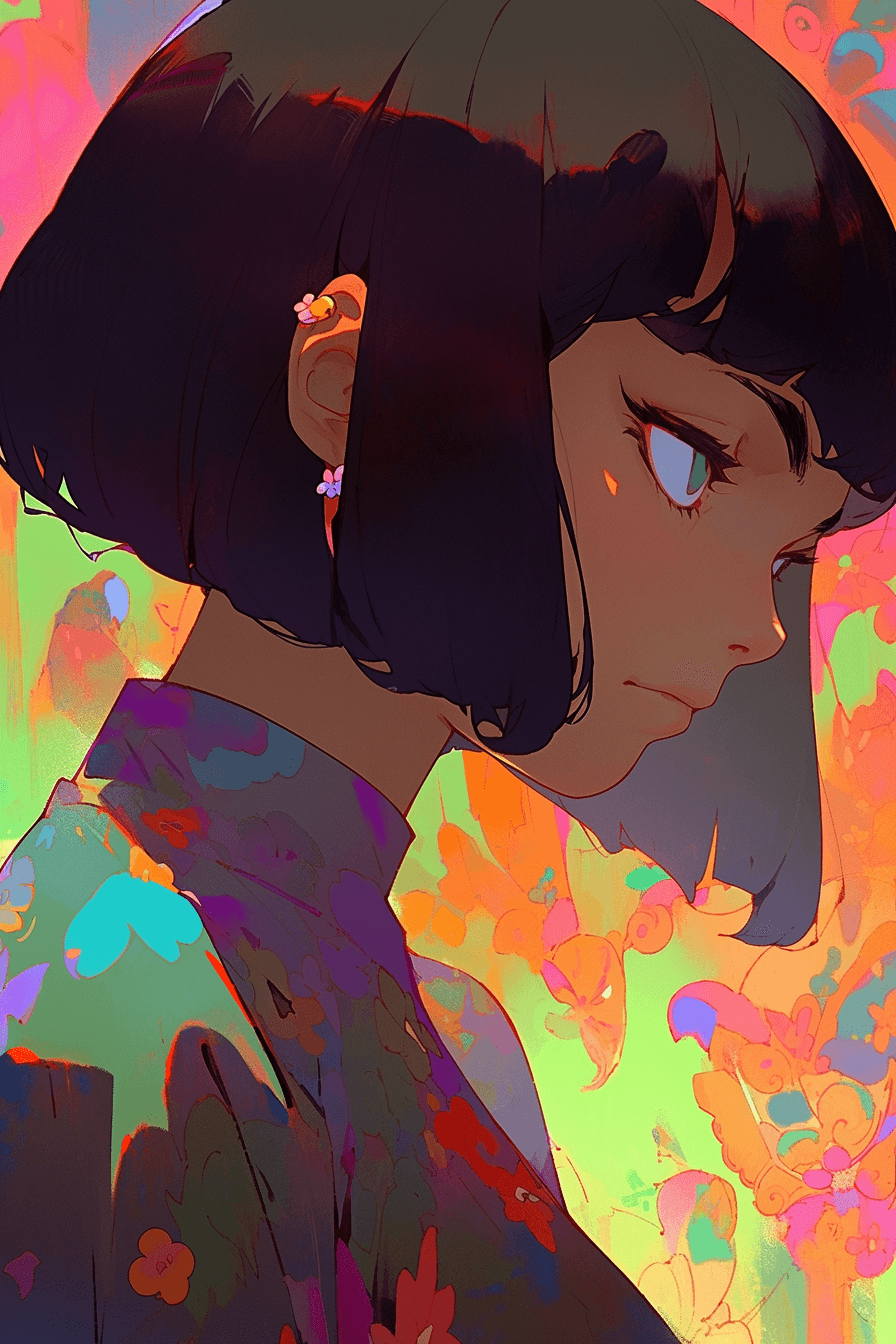 AI generated: a graceful woman with a short bob cut and captivating green eyes, wearing a navy blue suit, is strol...