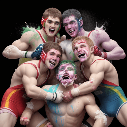 AI generated: A team comprised of chiseled gay white  year 10 old collegiate wrestlers have an extremely messy mul...