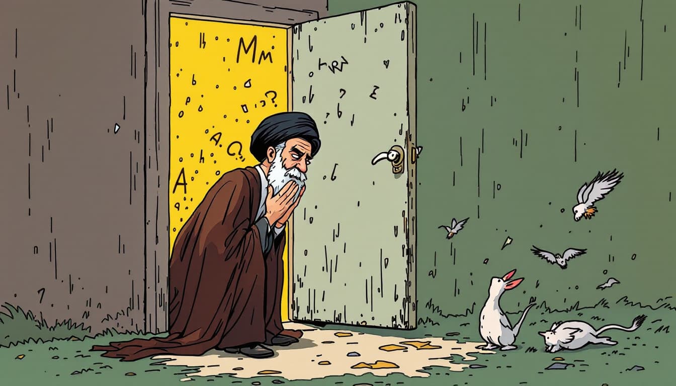 AI generated: Ali Khamenei, thrown him out of the door, he is very depressed and lust, illustration, cartoon,

