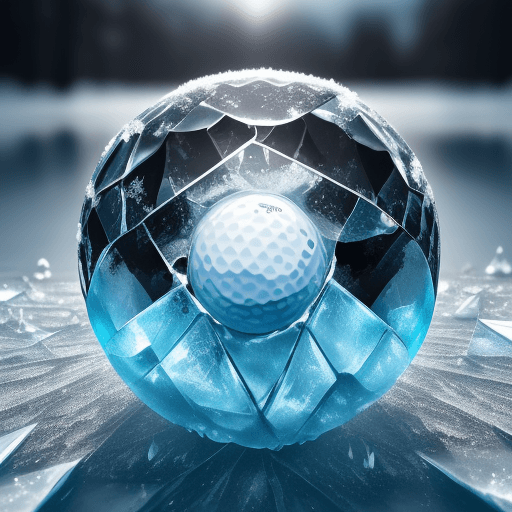 AI generated: close-up photo of a golf ball passing through an ice cube, shattered cracked ice surface, frosty col...