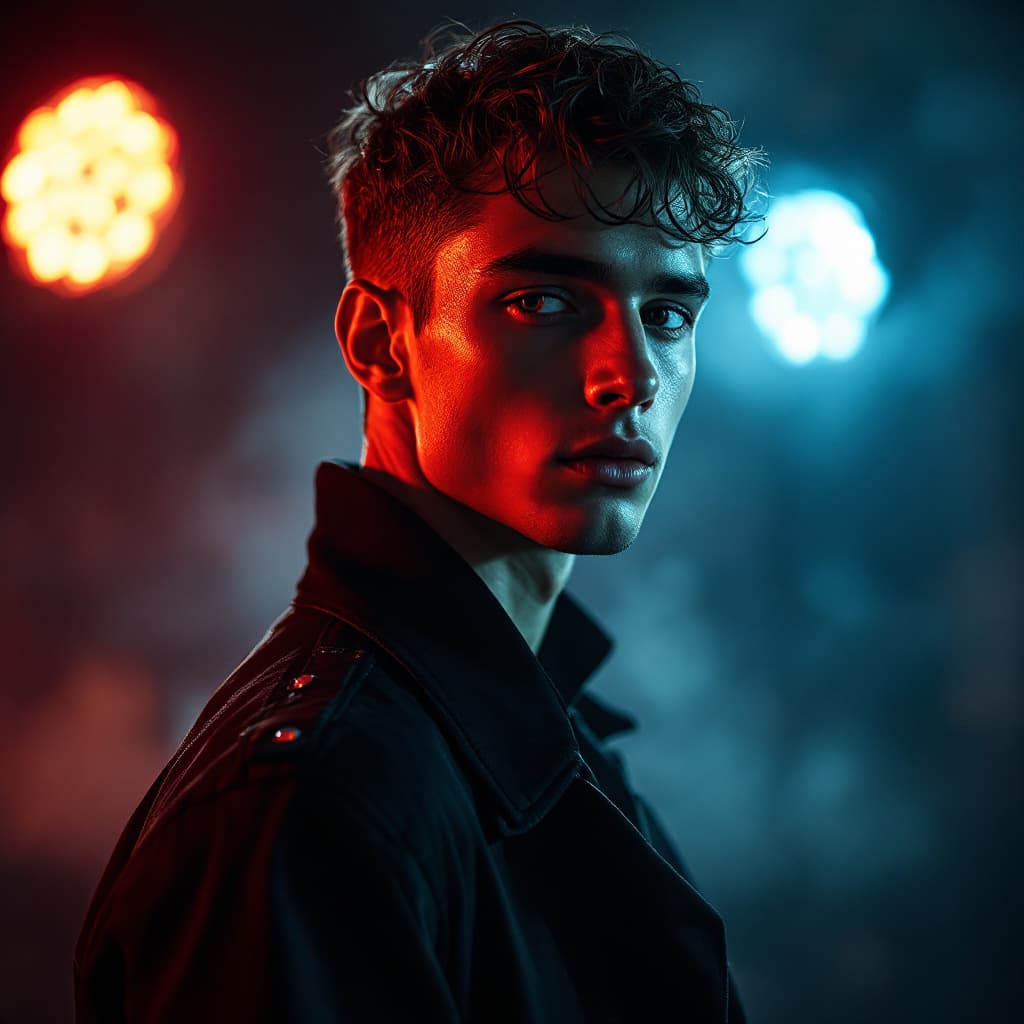 AI generated: fashion editorial, a portrait of young man is studio red and blue lights in style Alain Laboile, hig...
