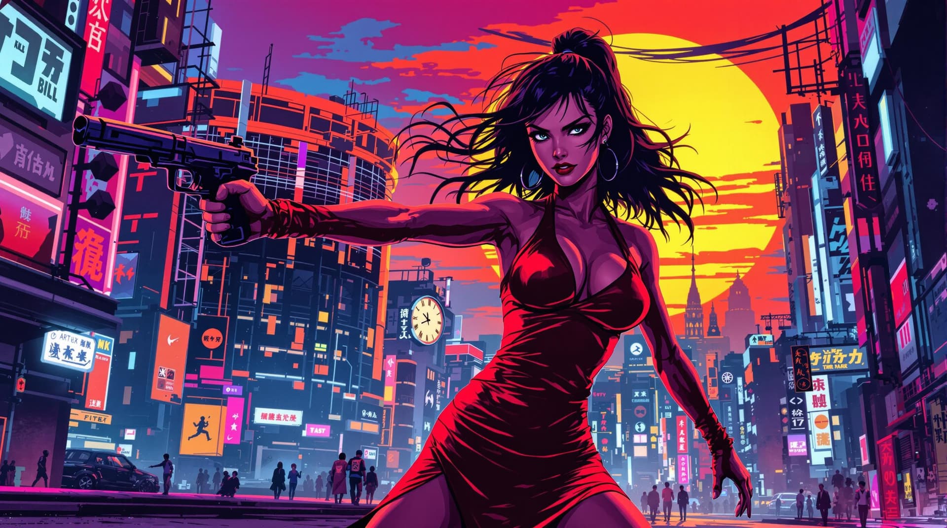 AI generated: A stylized, vibrant, and action-packed illustration of a femme fatale in a red dress, inspired by th...