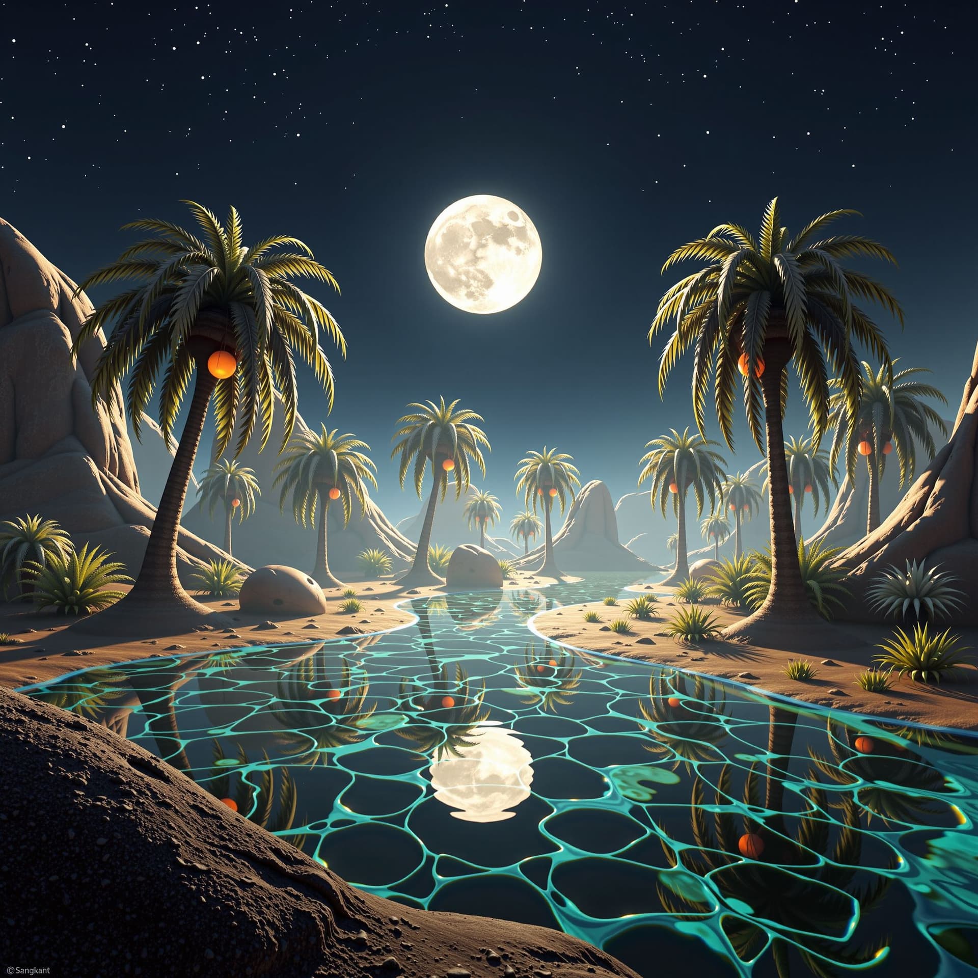 AI generated: A desert oasis at night, where the water is liquid moonlight and the palm trees are made of obsidian...