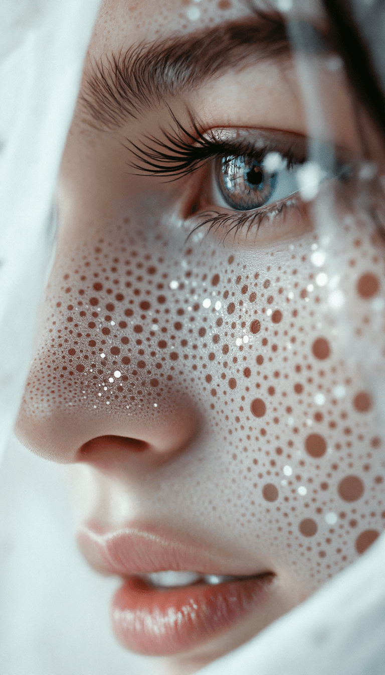 AI generated: close up macro shot, perforated holes in face, white cloth made from fiberoptic cables, depth of fie...