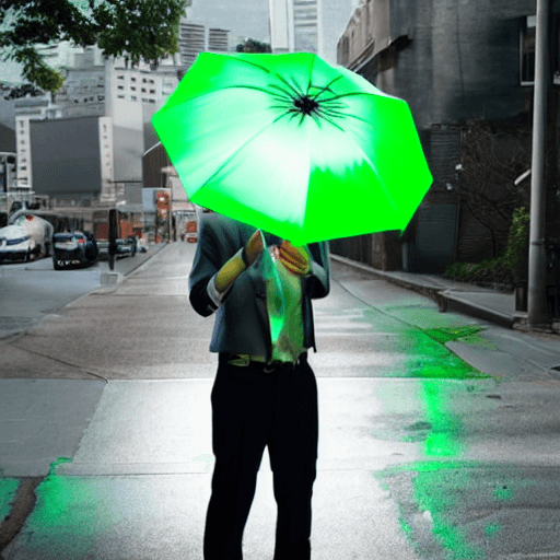 AI generated: asian guy looking arismatic trying to shit on to the umbrella in a hue green light in urban area