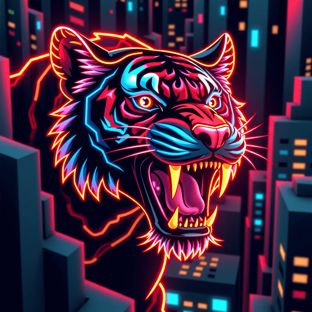 AI generated: Neon Jungle Predator: "A stylized tiger head, constructed from vibrant neon lines and glowing geomet...