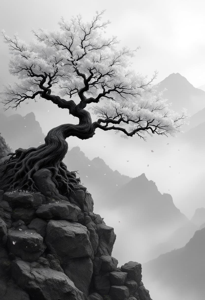 AI generated: A cinematic grayscale ink-style scene of a twisted sakura tree on a rocky hilltop, surrounded by lay...