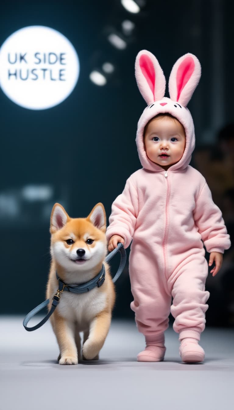 AI generated: A baby dressed in bunny pajamas leads a pet Shiba inu puppy  on a leash while walking at a Tokyo fas...