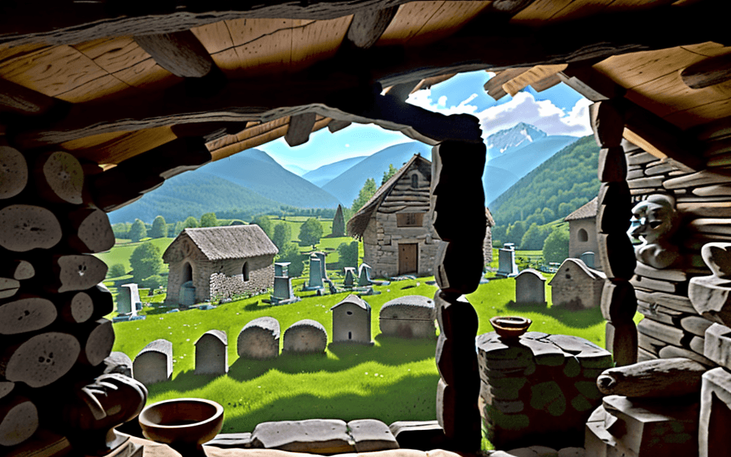 AI generated: Set in ancient Rome, a stone hut, without windows, with a wooden roof, with a door made of logs, in ...