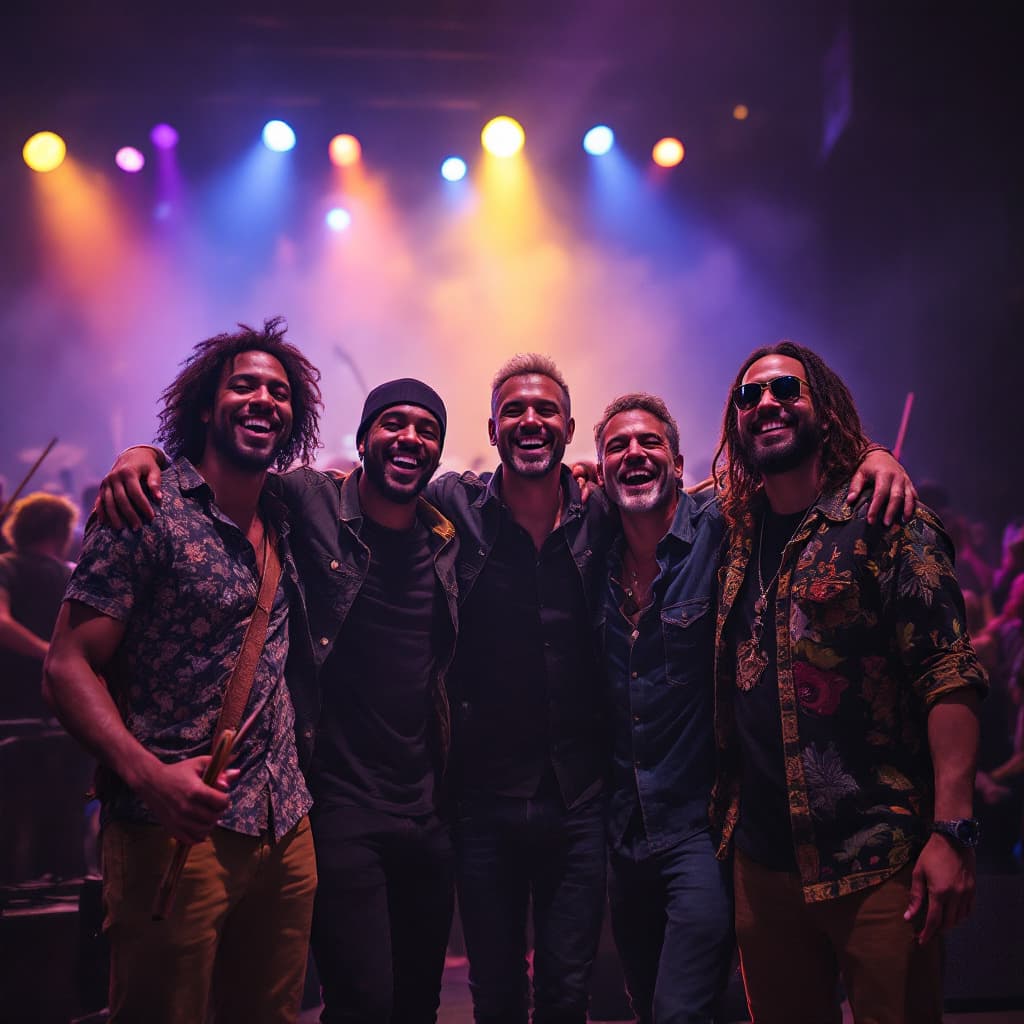 AI generated: A diverse, energetic band of musicians celebrating after a successful concert, standing on a stage u...