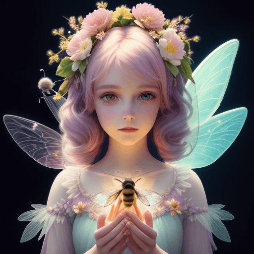 AI generated: fairy with flowers, pastel colors, extremely detailed, lights, glow, bee, prety face