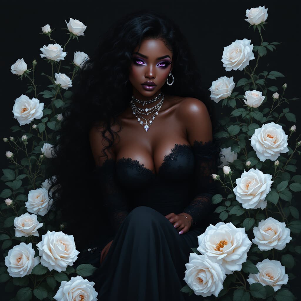 AI generated: gothic anime style,a Girl is cold and arrogant,dark mocha skin, white makeup,purple eyes, long black...