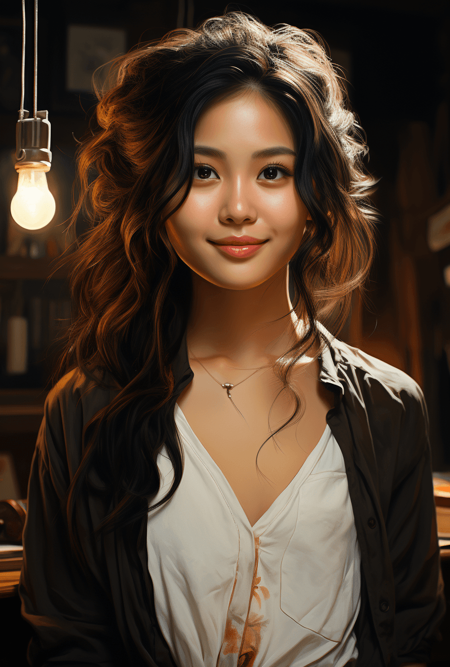AI generated: an asian girl is smiling for the camera, in the style of mote kei, 32k uhd, subtle realism, simple a...