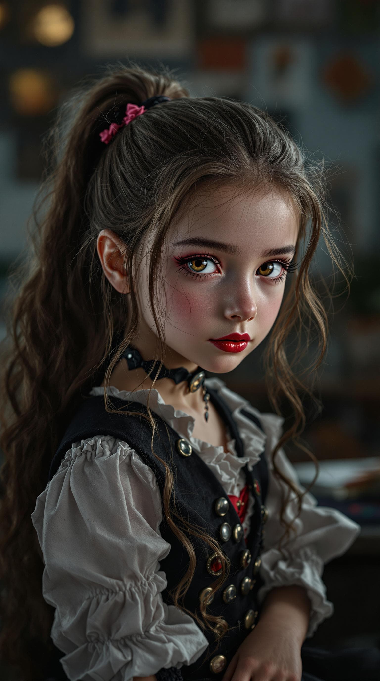 AI generated: a professional photo of a exceptionally beautiful girl in the world (age 9), of a evil girl, in a hi...