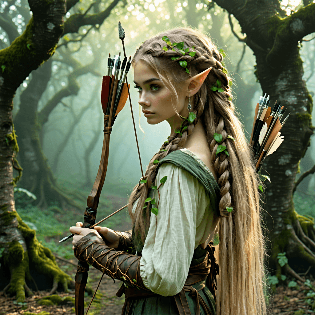 AI generated: A graceful elven archer, her long braided hair interwoven with living vines that sprout flowers, her...