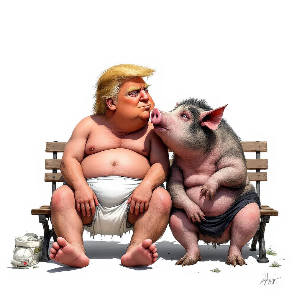 AI generated: Donald Trump wearing diapers sitting next to a fat sow with lipstick and kissing her, sitting on a b...