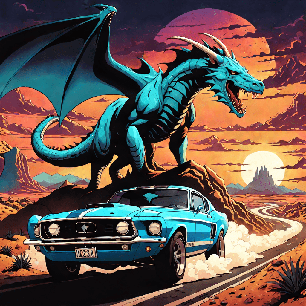 AI generated: A ((((((retro comic style poster of a fantasy post apocalyptic multiverse, with a mustang style musc...