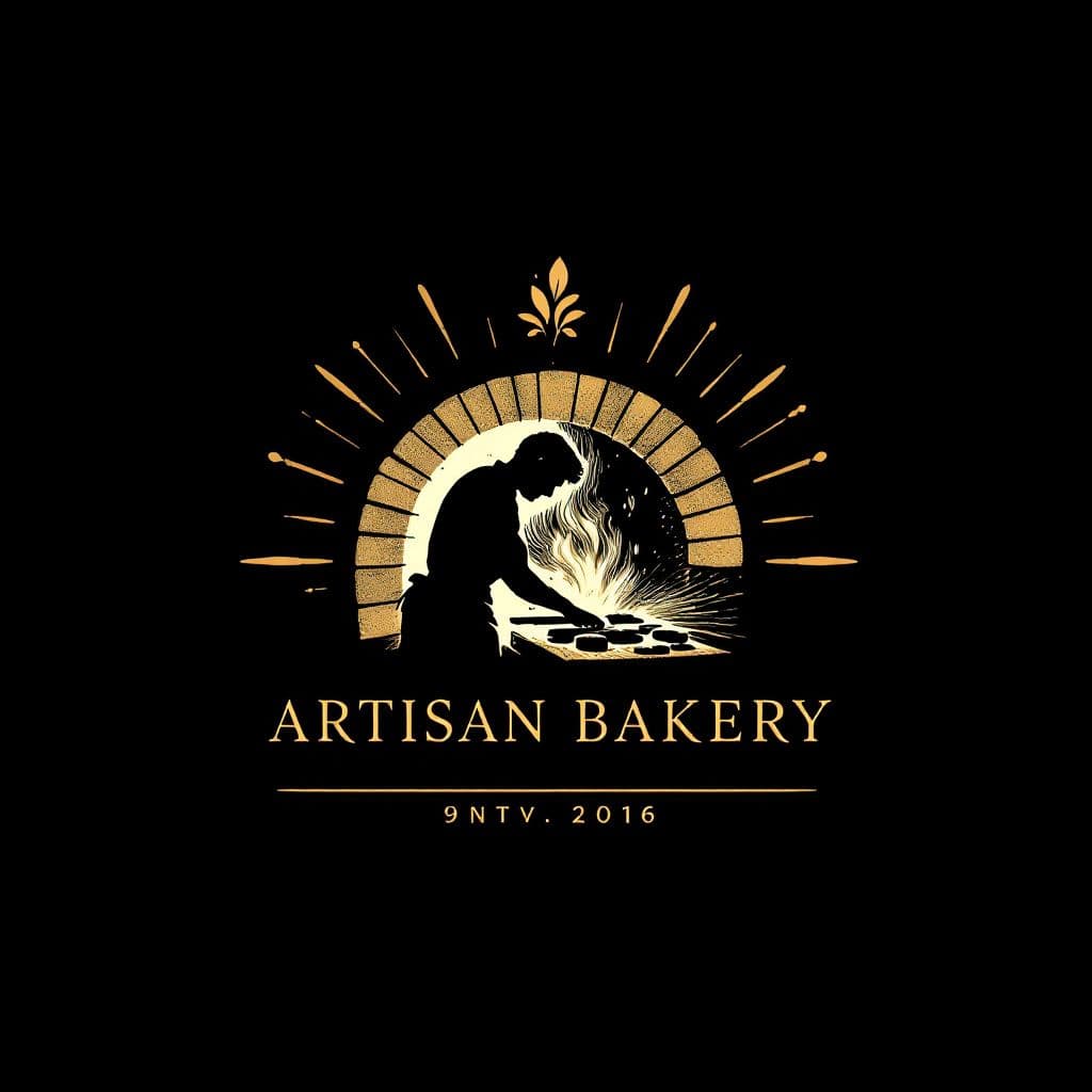 AI generated: Logo of an artisan bakery, in black and gold, where the silhouette of a baker appears baking in a wo...