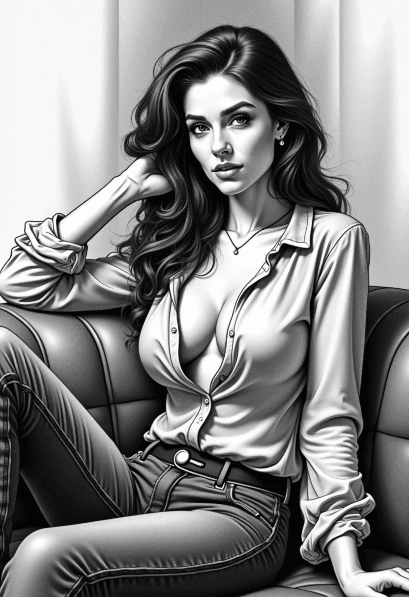 AI generated: This is a charcoal illustration of an alluring woman relaxing on a couch and wearing a blouse with a...