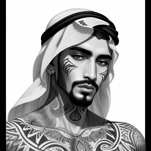 AI generated: Arabian man, detailed black and white drawing in the style of old school tattoo art --ar 73:105 --st...