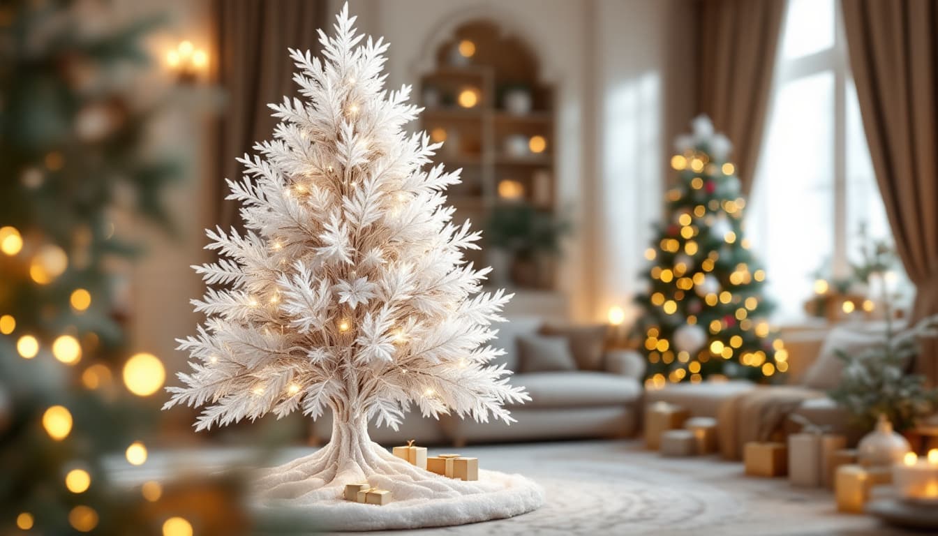 AI generated: a large tree made of handmade snow-white lace for Christmas stands in a luxurious apartment decorate...