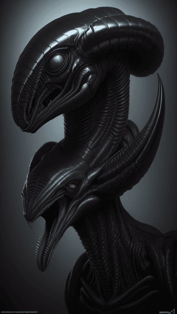 AI generated: alien head with a large, sharp, sharp, and sharp face, concept art inspired by Giger, zbrush central...