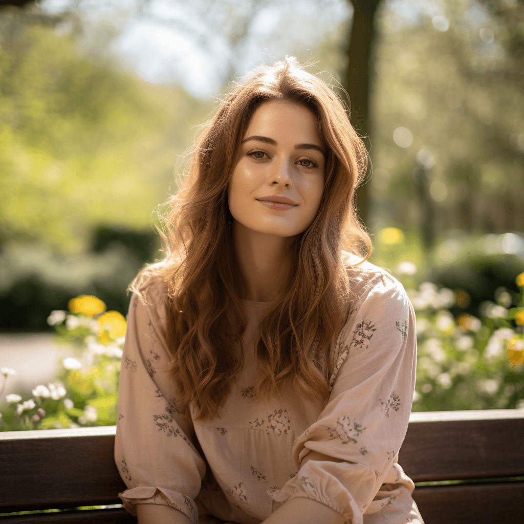 AI generated: Create a personal and intimate portrait of a young woman sitting on a wooden bench in a park on a su...