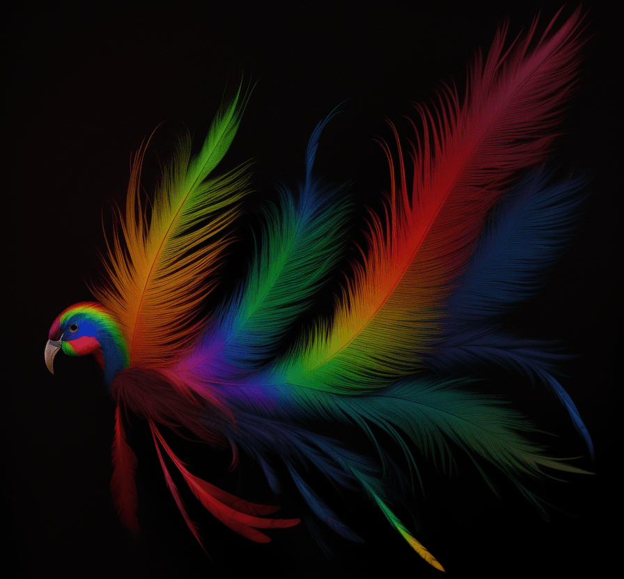 AI generated: rainbow feathers on a black background
