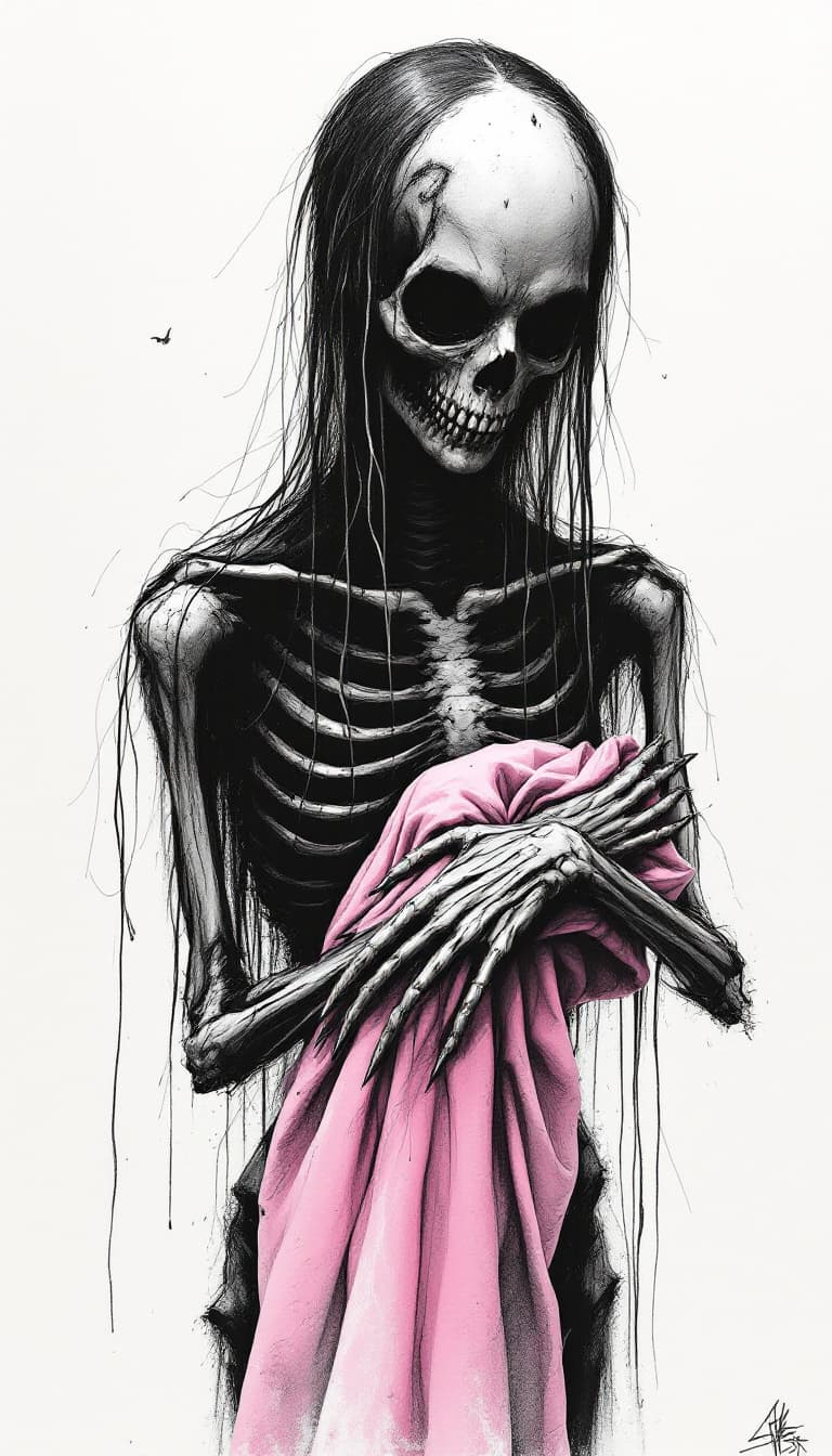 AI generated: creepy black ink drawing of a Terrifying skeletal female figure with long stringy hair , sunken, twi...