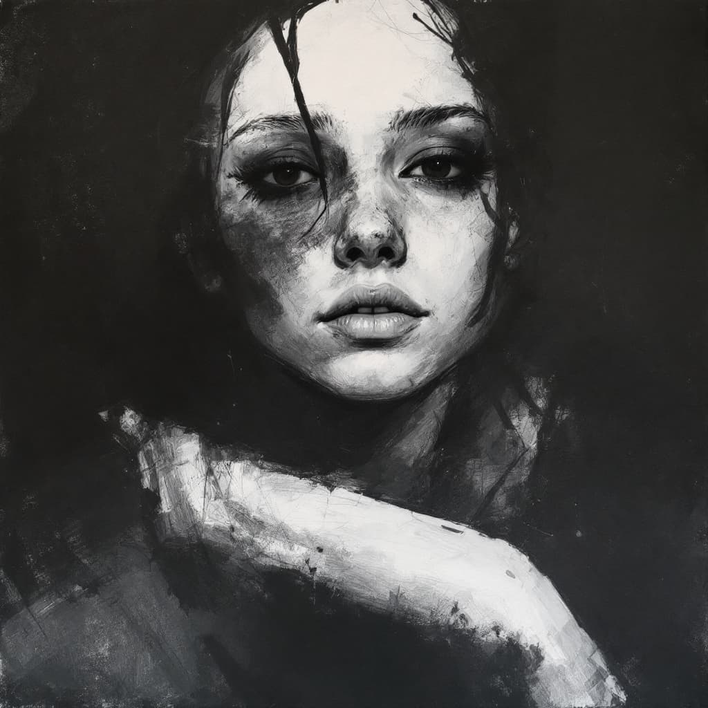 AI generated: girl, charcoal sketch, expressive mood