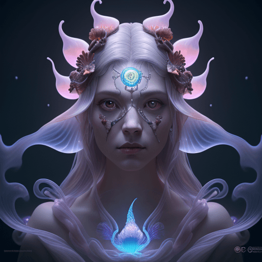 AI generated: Goddess close-up portrait ribcagel. jellyfish phoenix head, nautilus, orchid, skull, betta fish, bio...