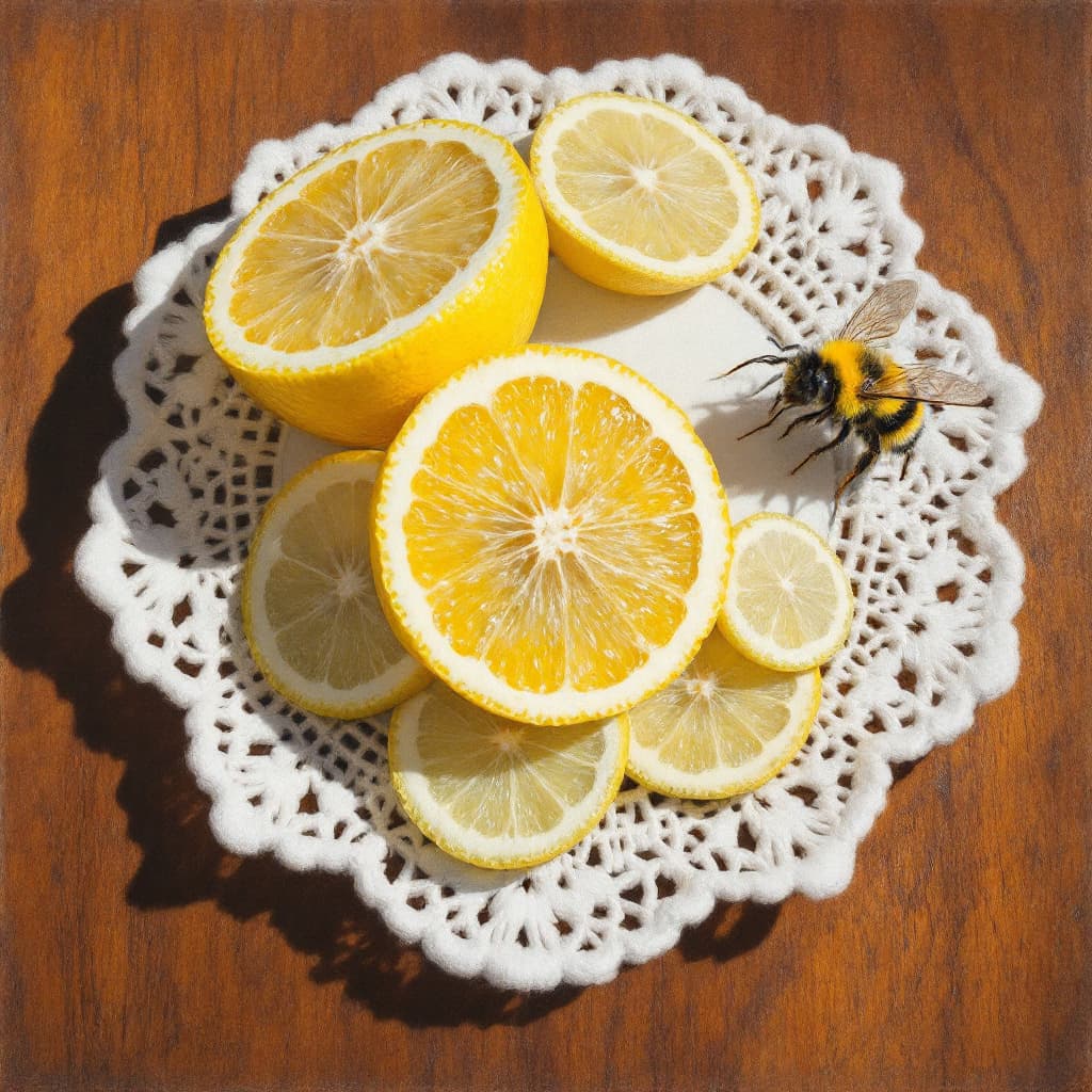 AI generated: hyper realistic various sliced lemon ,   on a chalk white doily and with a nearby bumble bee on the ...