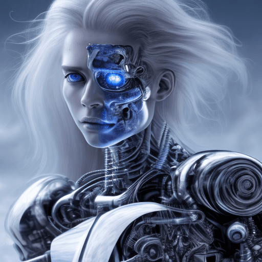 AI generated: blue eyes, ice crystals in hair, big eyes, blue hair, dynamic lighting, Terminator, cyborg, evil, in...