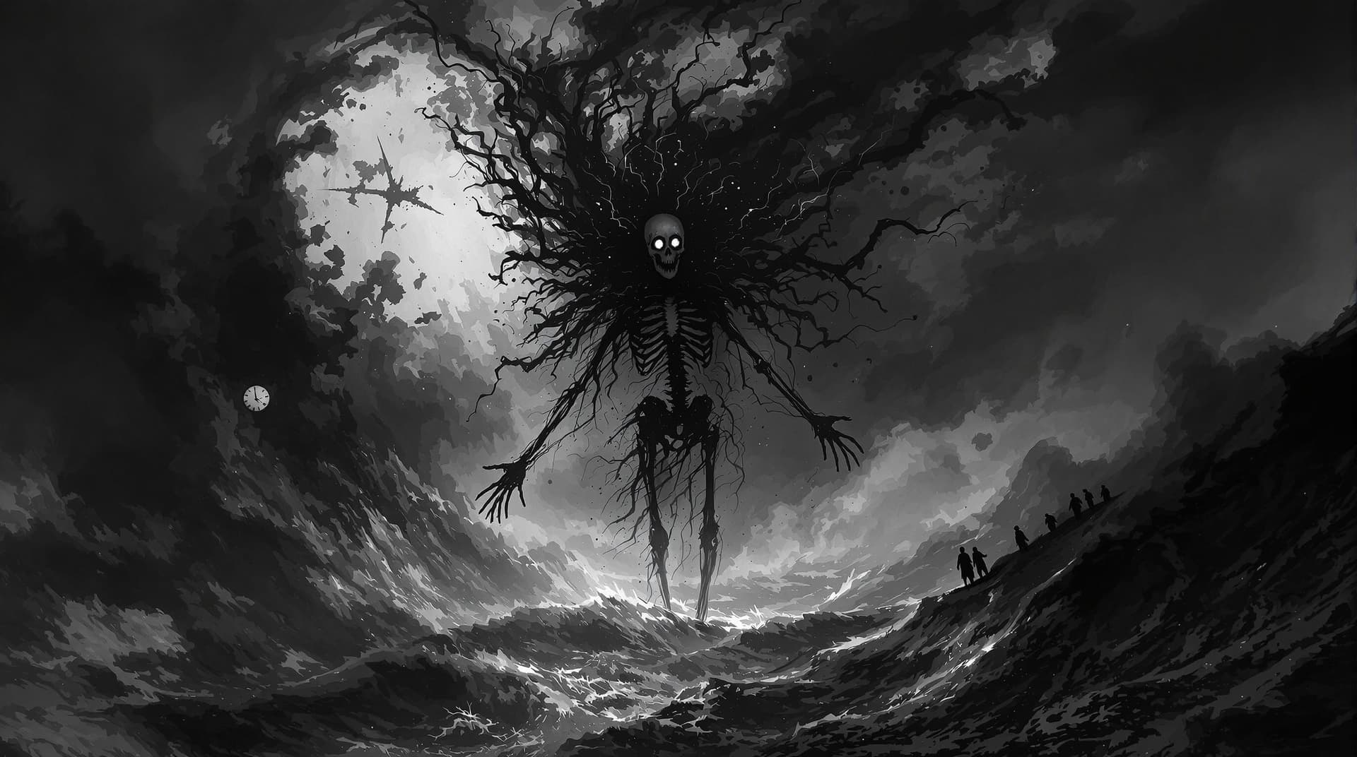 AI generated: The image depicts a hauntingly surreal scene in shades of black and white, filled with emotional int...