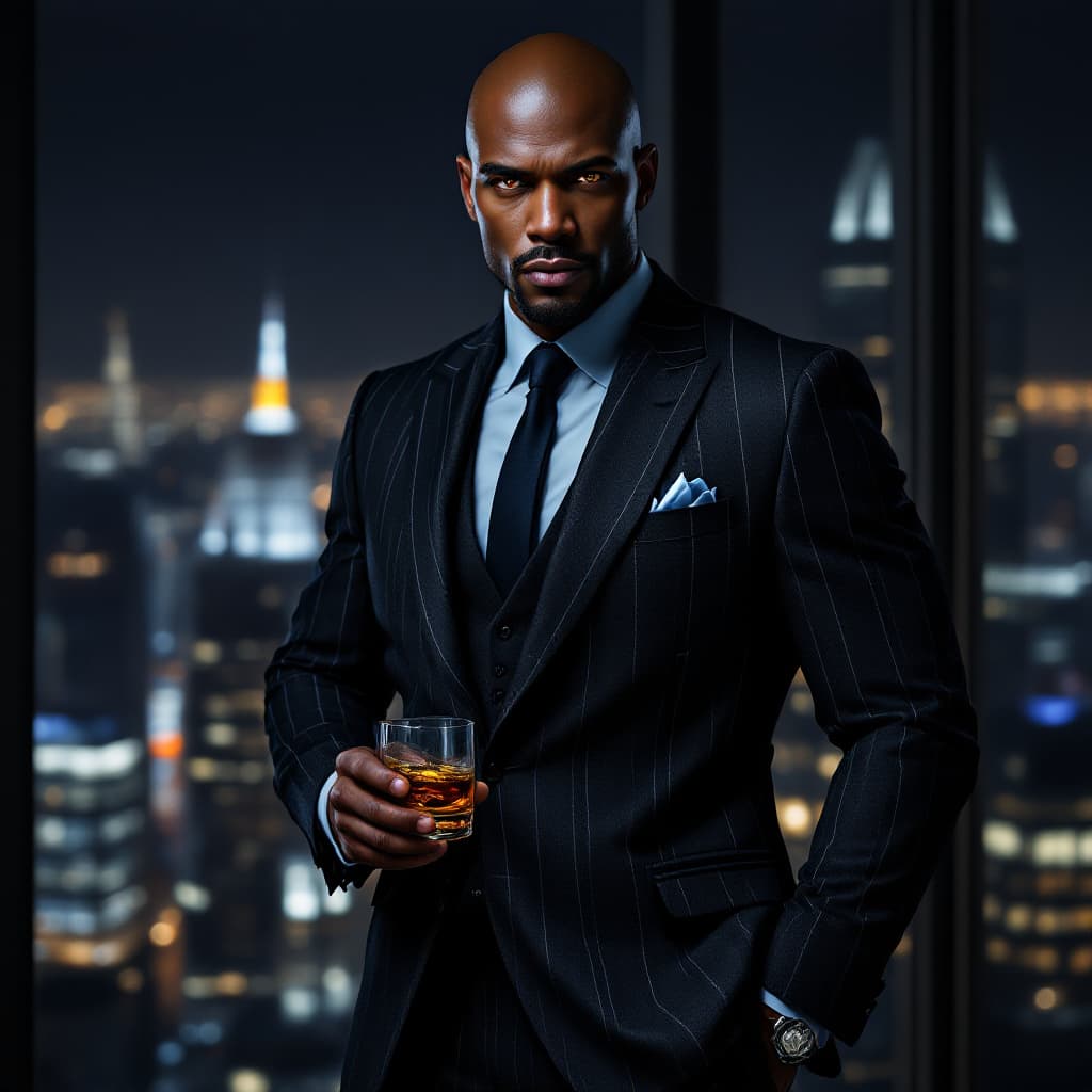 AI generated: A hyper-realistic FULL BODY portrait of a suave BLACK secret agent WITH A  chiseled jawline; BALD HE...