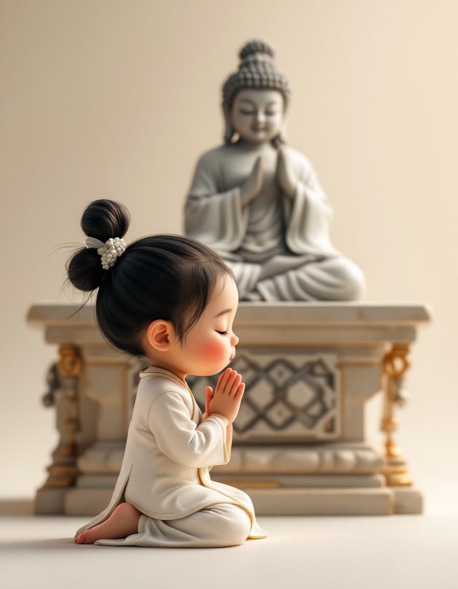 AI generated: whimsical Realistic of Pixar, Bryce 3D, side-view, a kawaii, chubby-cheeked Asian baby girl kneeling...