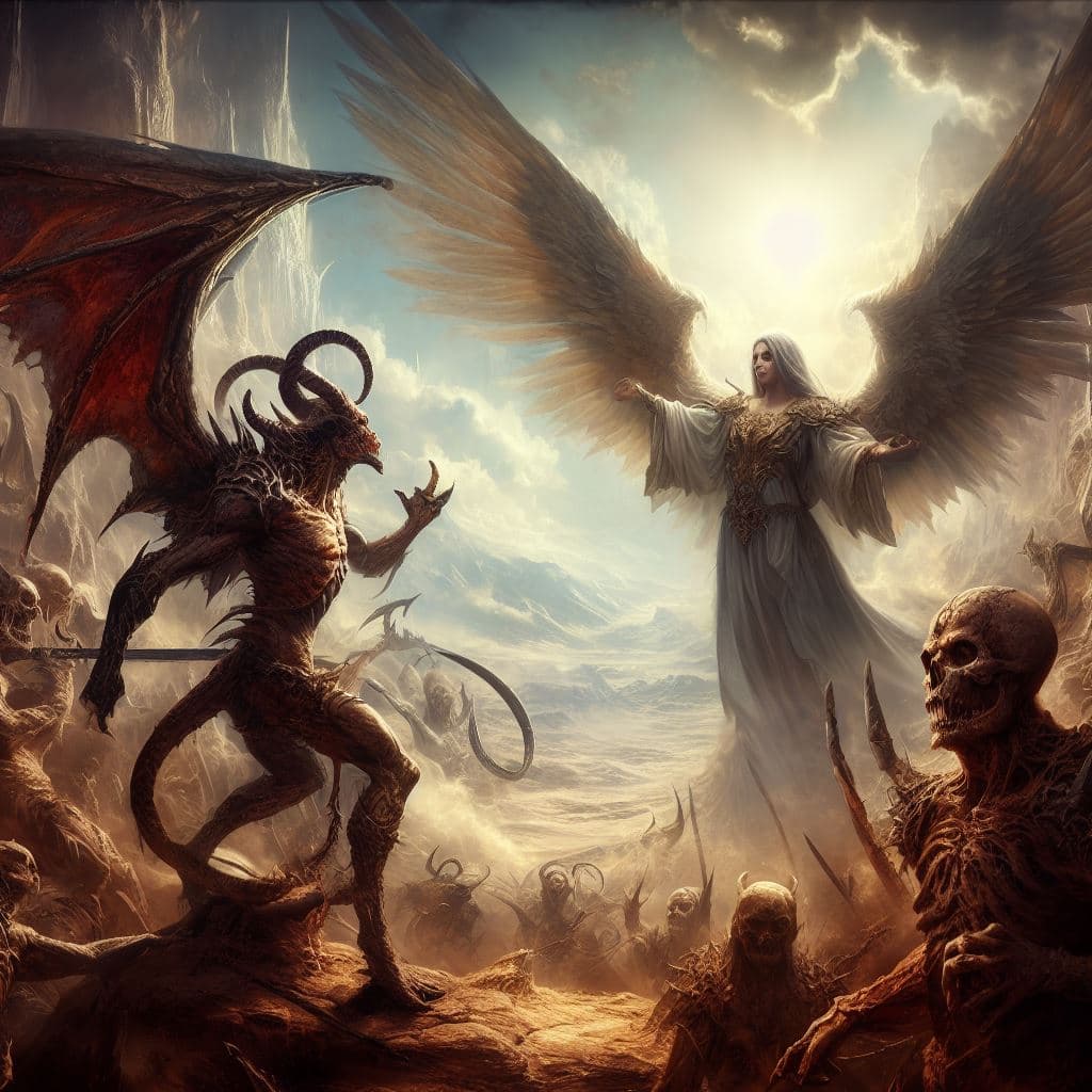 AI generated: conflict scenes between an angel and a demon,in a fantasy world,very inspired by H.R.Giger and Guill...