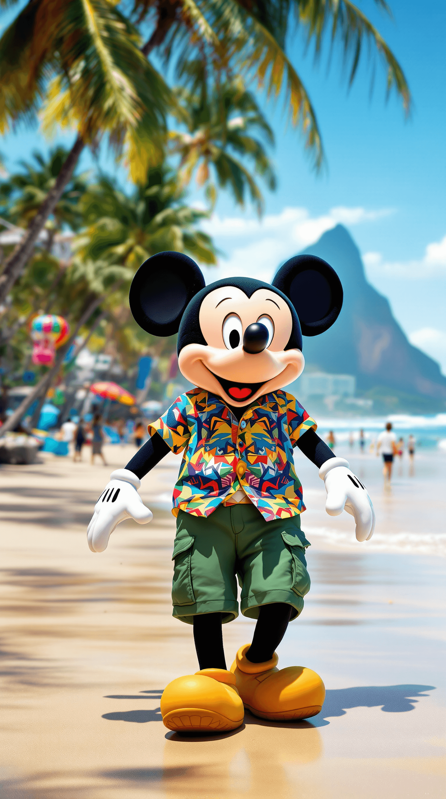 AI generated: High resolution Mickey Mouse walking on Ipanema beach on Brasil, wearing a colorful shirt and green ...