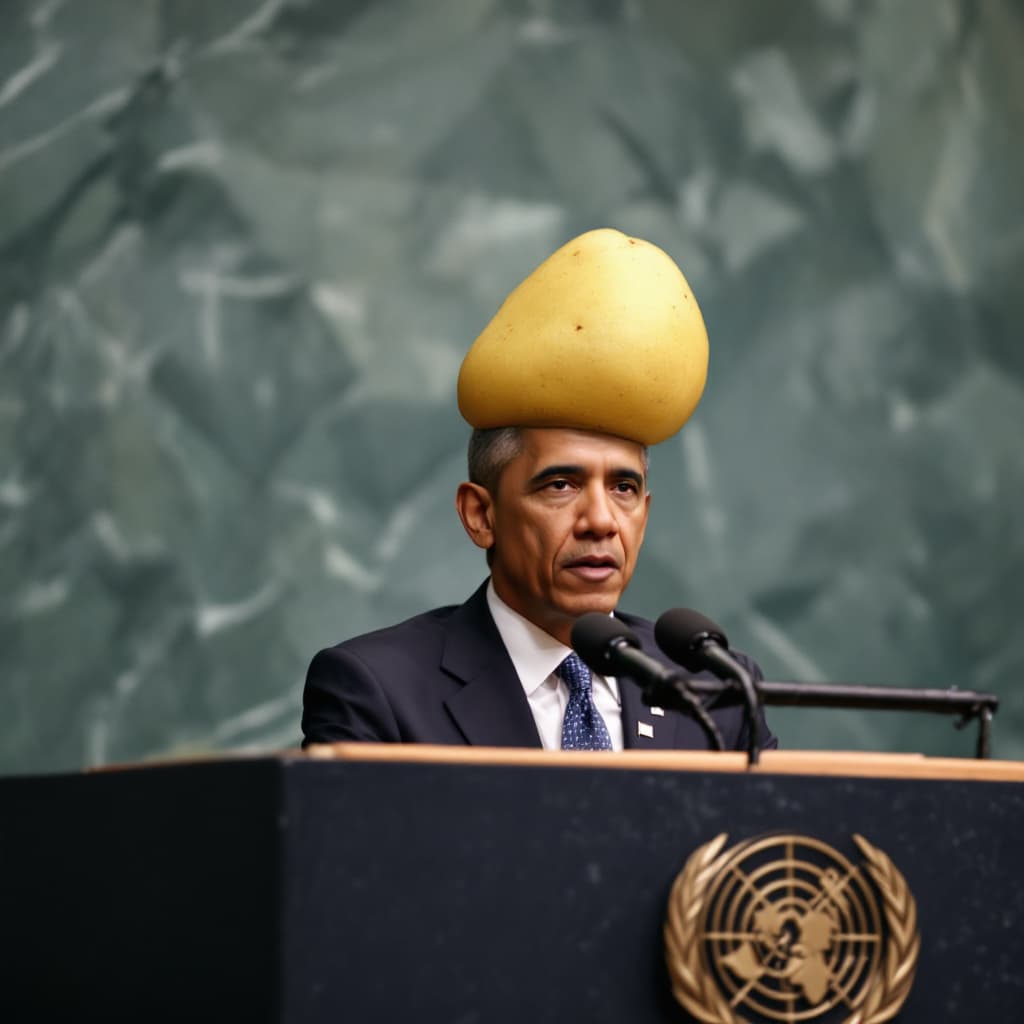 AI generated: The US president with a potato on his head at the United nations.