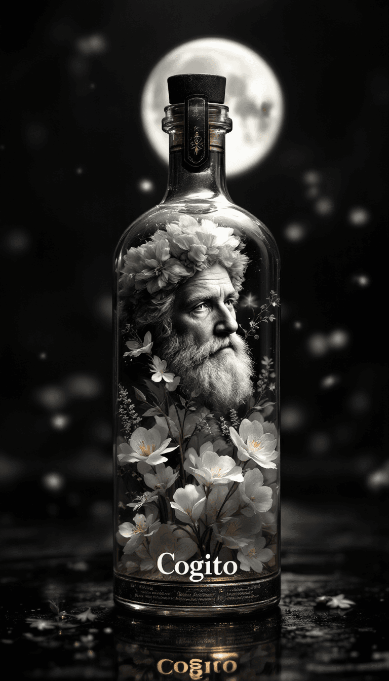 AI generated: Philosopher Character portrait inside a bottle with very beautiful  flora,B&W photography,in style o...