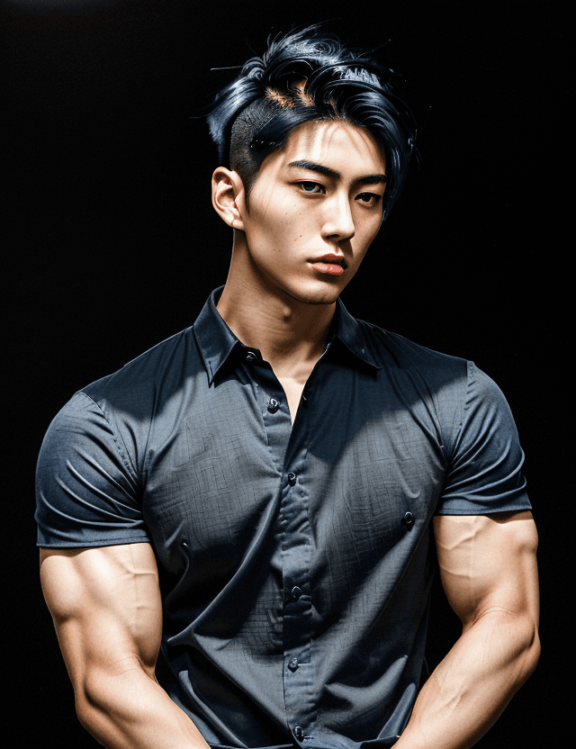 AI generated: A photorealistic portrait of a handsome 24-year-old Japanese man with short, stylish dark blue hair....