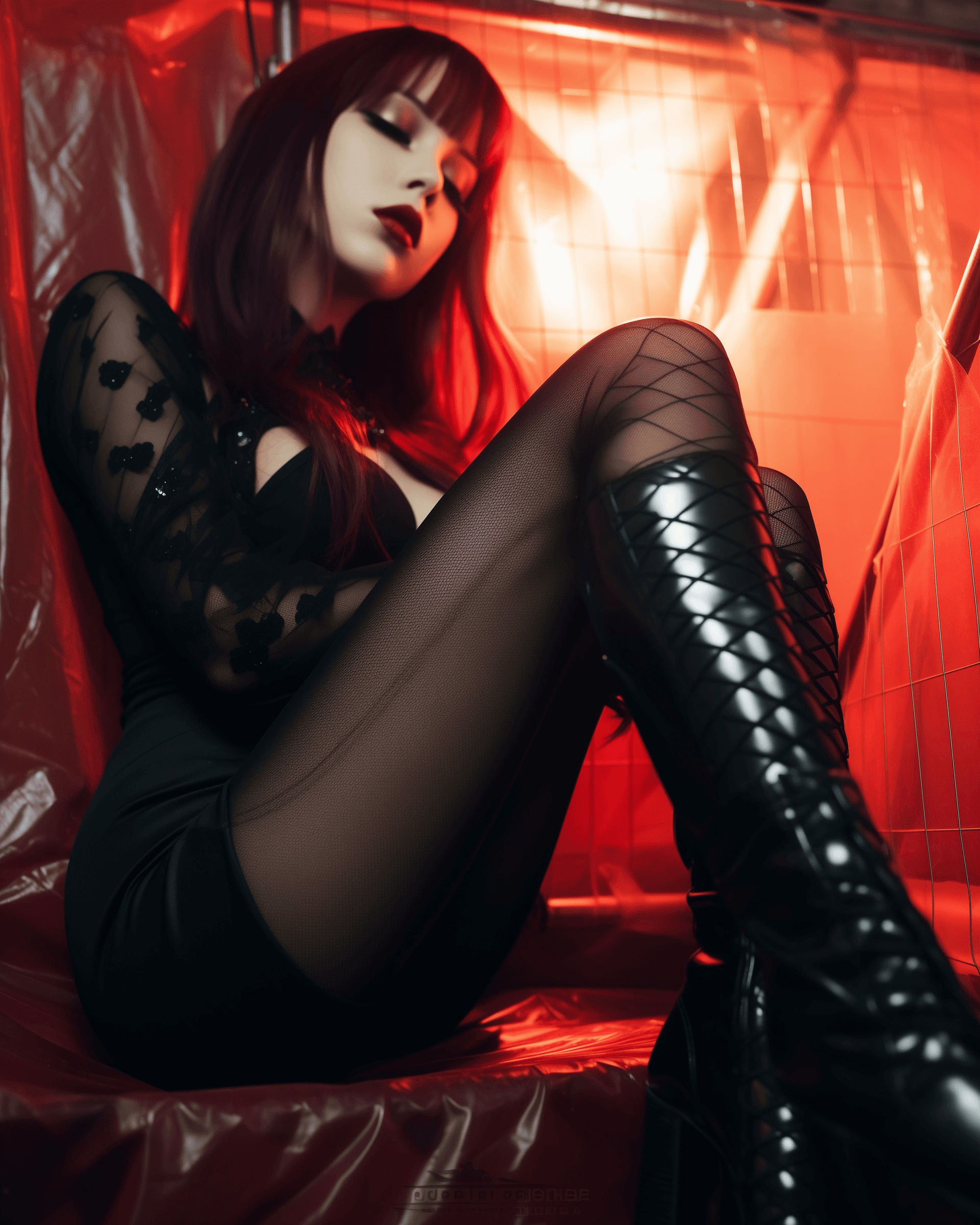 AI generated: black latex high heels, fishnets, over the knee boots, high heel platform shoes, goth aesthetic, lay...
