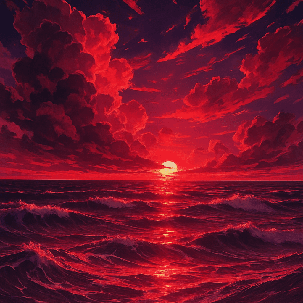 AI generated: Digital anime artwork depicting a dramatic seascape at sunset. The image features a vibrant red and ...