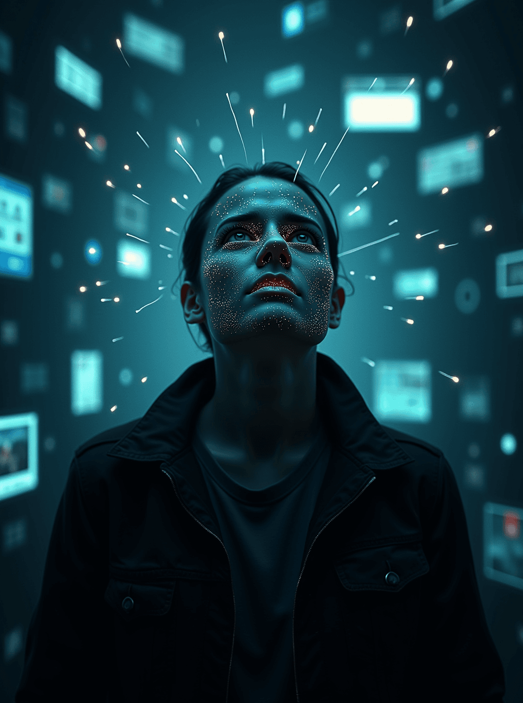 AI generated: A bleak, dystopian scene showing a person overwhelmed by a swarm of glowing AI holograms and notific...
