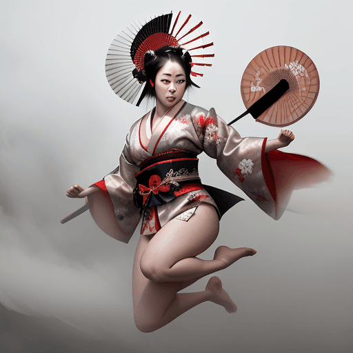 AI generated: 
color photo of a geisha warrior gracefully leaping through a thick fog, armed with two intricately ...