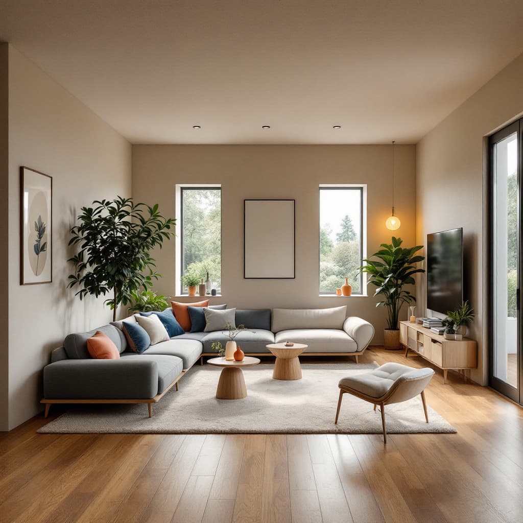 AI generated: High resolution photography interior design, dreamy sunken living room conversation pit, wooden floo...