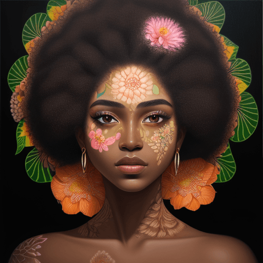 AI generated: detailed oil painting of beautiful of woman face, flower printed skin, flower patterns on face, stem...